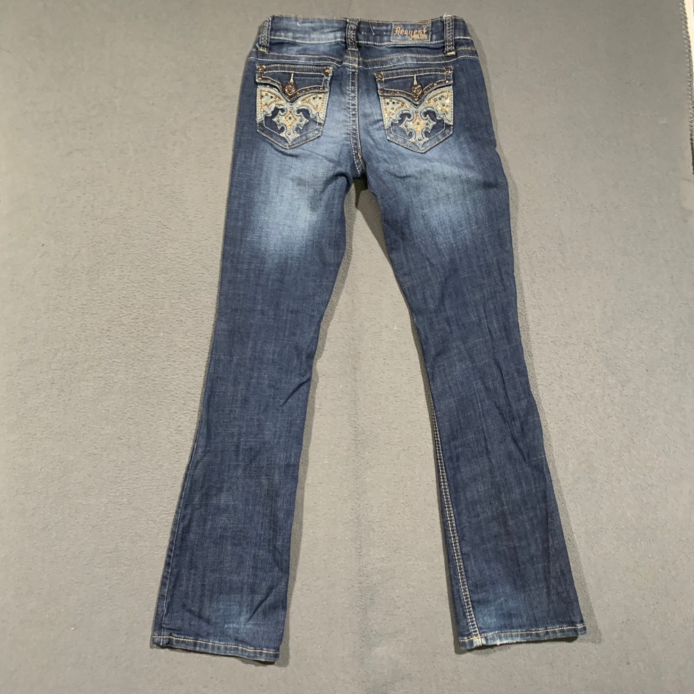 Request Jeans Bootcut Women 7/28 Blue Dark Wash Thick Stitch Bling Low Rise